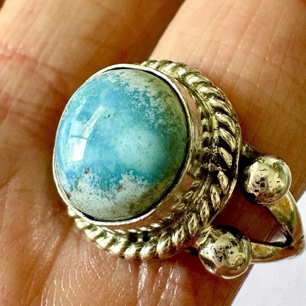 Navajo Turquoise Ring Blue Golden Hills Sz‎ 7.5 Sterling Signed Martinez Native